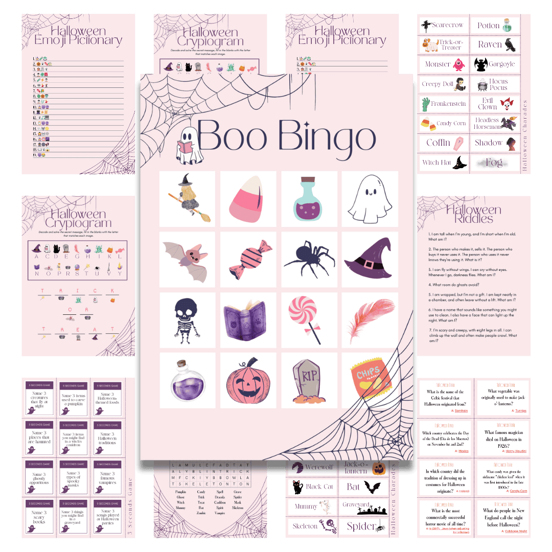 Cover page for Halloween pumpkin printables in pink