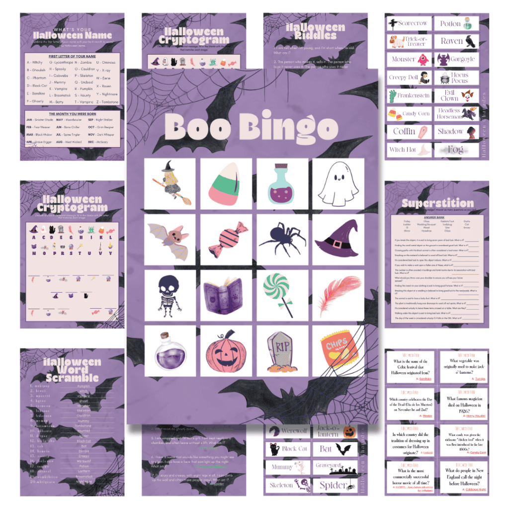Purple bat halloween games printables