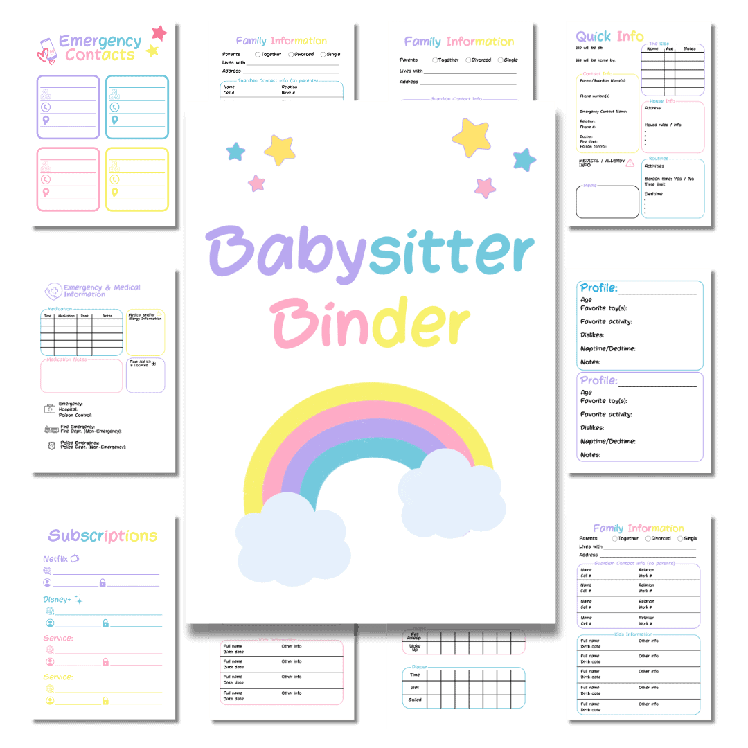 Babysitter Binder printable in rainbow