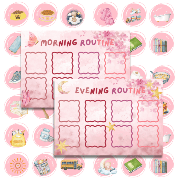 Pink Ribbon Morning Routine School Morning & Night Routine Chart in Rainbow - Digital Bakerie Shop