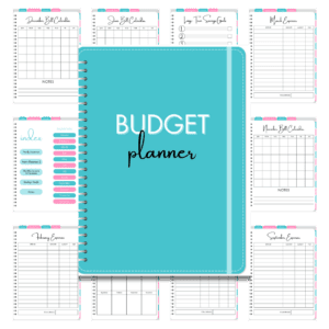 Cover image of the digital budget planner in blue and pink