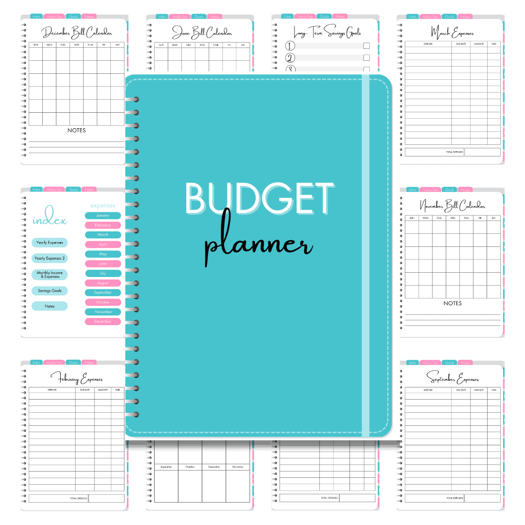 Cover image of the digital budget planner in blue and pink
