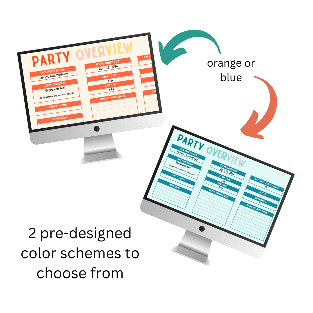 Two color choices for this party spreadsheet