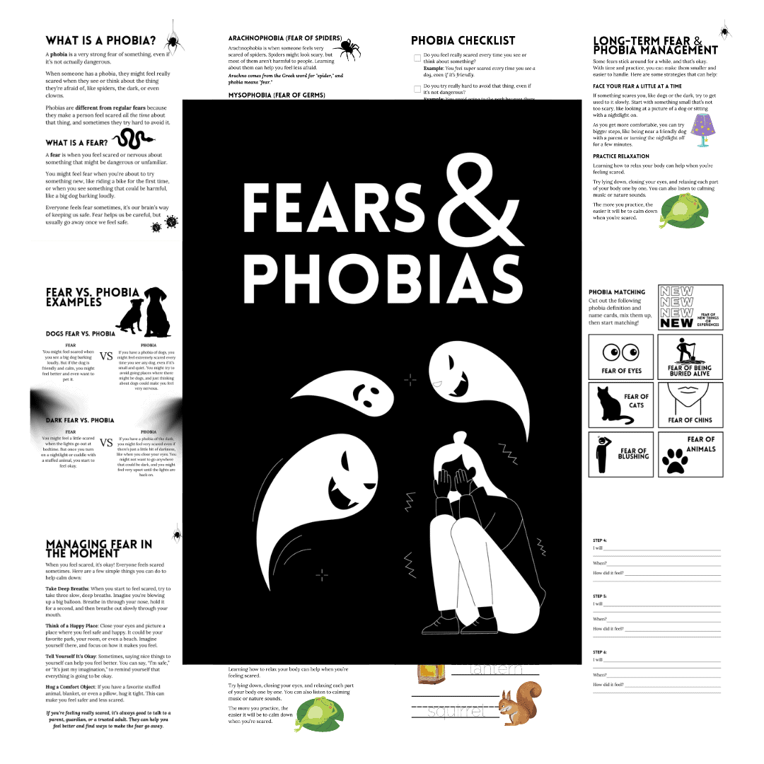 Cover image for blakc and white fears and phobias workbook and matching game.