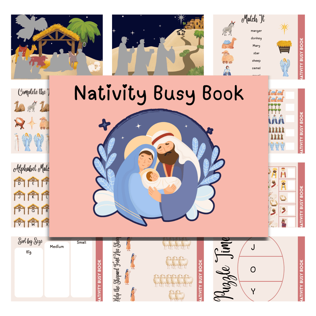 Cover image of pink nativity busy book