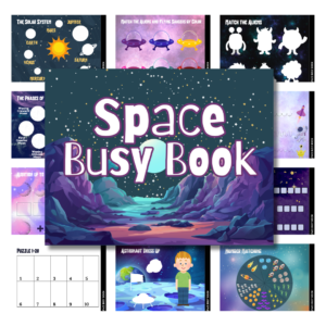 Cover image for Space Busy Book. Features the cover on top of a selection of inside pages.