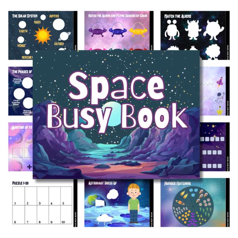 Cover image for Space Busy Book. Features the cover on top of a selection of inside pages.