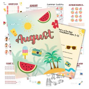 Cover image for the August Morning Bundle for 3 to 5 year olds. Features the cover and a few pages lying behind it.