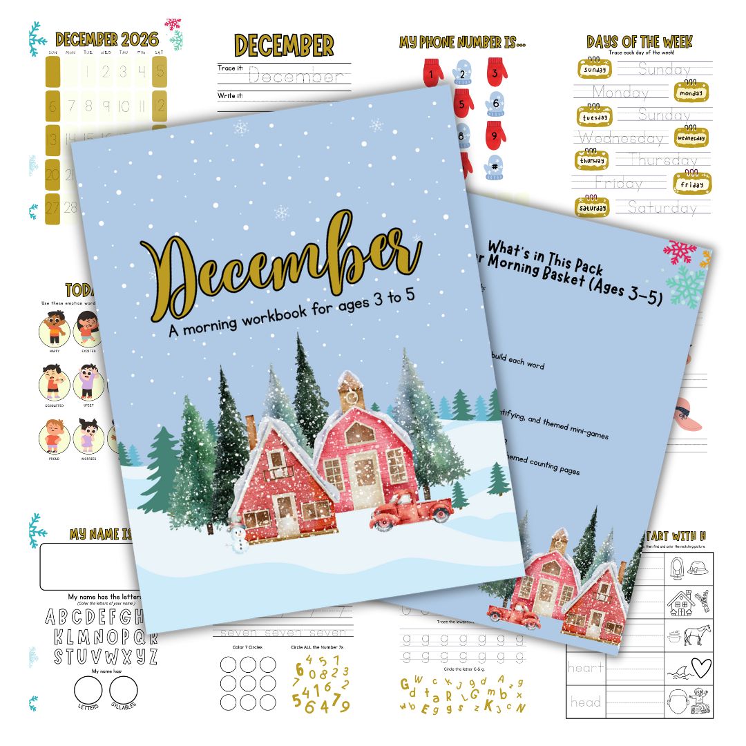 Cover image for the December Morning Bundle for 3 to 5 year olds. Features the cover and a few pages lying behind it.