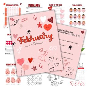 Cover image for the February Morning Bundle for 3 to 5 year olds. Features the cover and a few pages lying behind it.