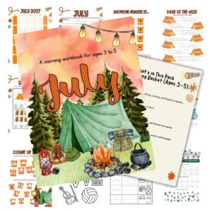 Cover image for the July Morning Bundle for 3 to 5 year olds. Features the cover and a few pages lying behind it.