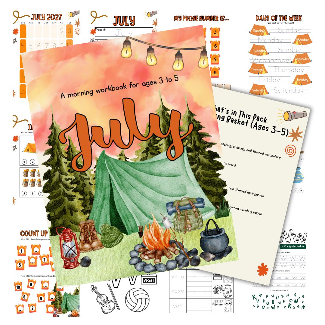 Cover image for the July Morning Bundle for 3 to 5 year olds. Features the cover and a few pages lying behind it.