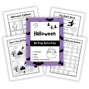 Cover image for Halloween No Prep Pack in Purple. Features purple cover with sample pages behind it.