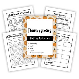Cover image for Thanksgiving No Prep Pack in beige. Features beige cover with sample pages behind it.