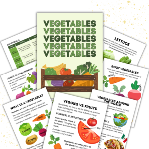 Cover image for the Vegetable Unit Study PLR kit. Features the cover and some teaching pages.