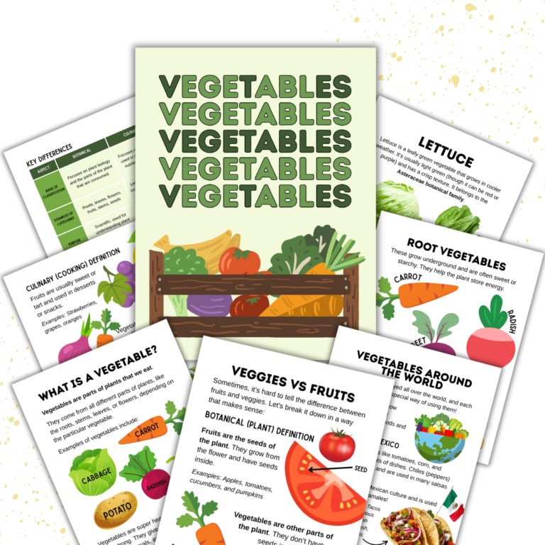 Cover image for the Vegetable Unit Study PLR kit. Features the cover and some teaching pages.