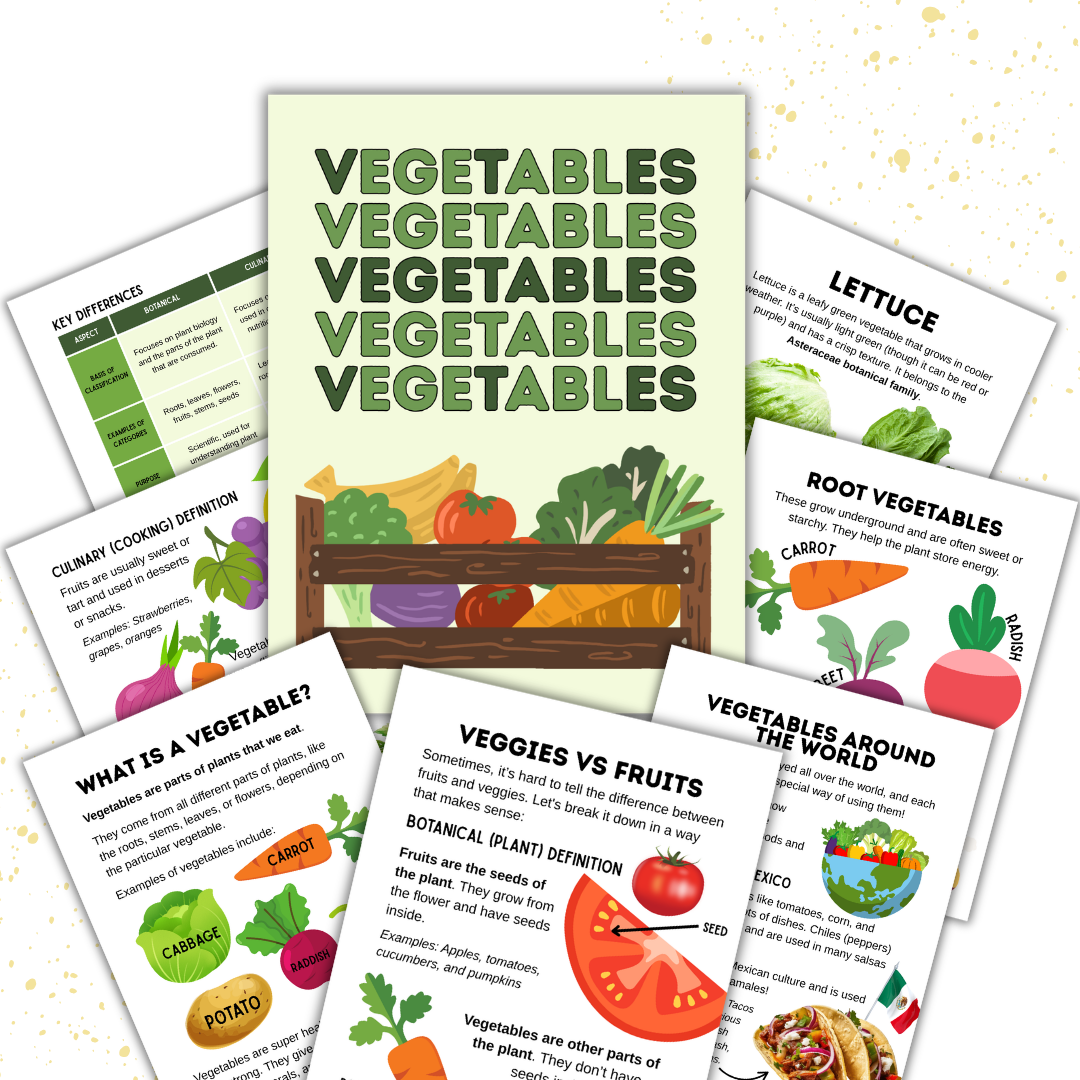 Cover image for the Vegetable Unit Study PLR kit. Features the cover and some teaching pages.